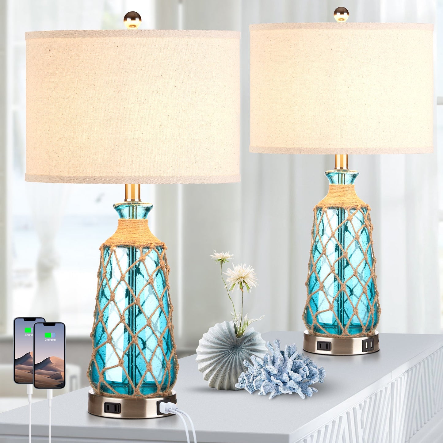 Blue Glass Rattan Table Lamp with 3-Way Dimming, USB Port and AC Outlet (Set of 2)