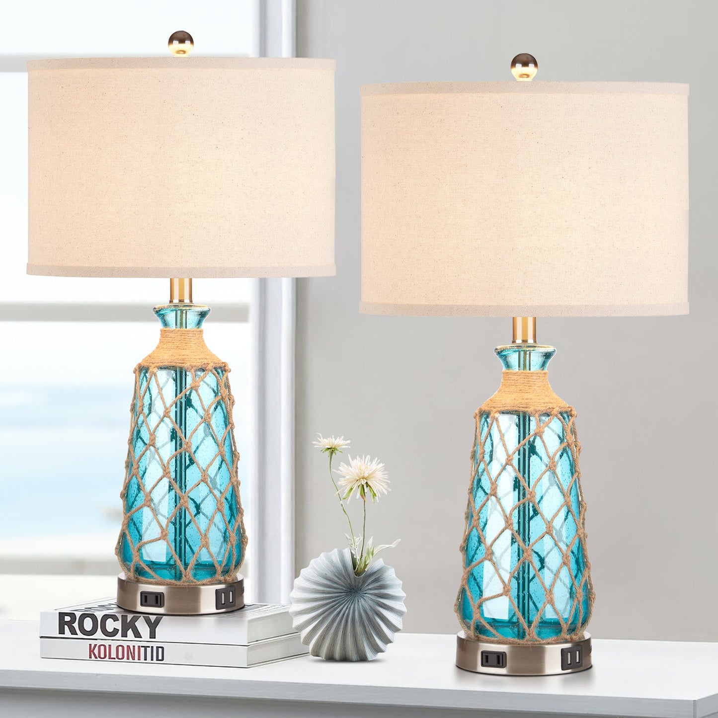 Blue Glass Rattan Table Lamp with 3-Way Dimming, USB Port and AC Outlet (Set of 2)