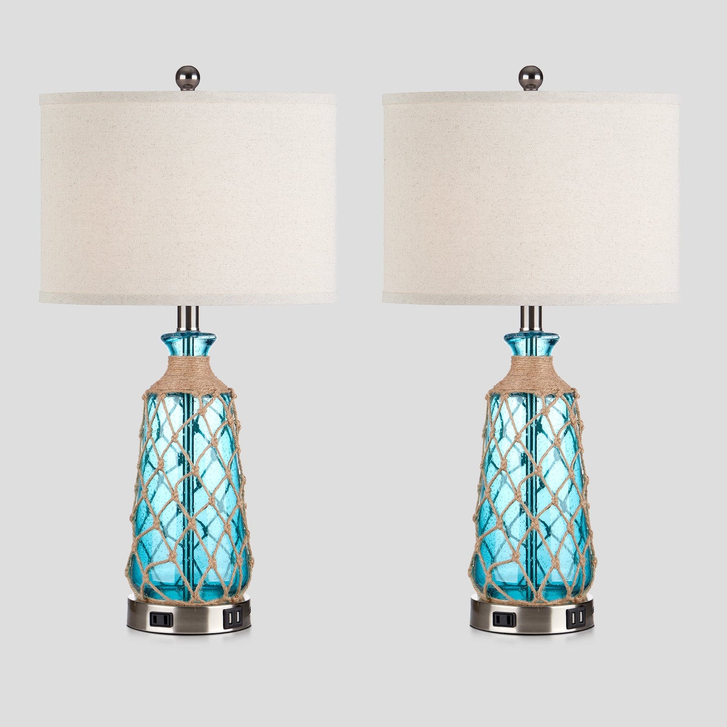 Blue Glass Rattan Table Lamp with 3-Way Dimming, USB Port and AC Outlet (Set of 2)