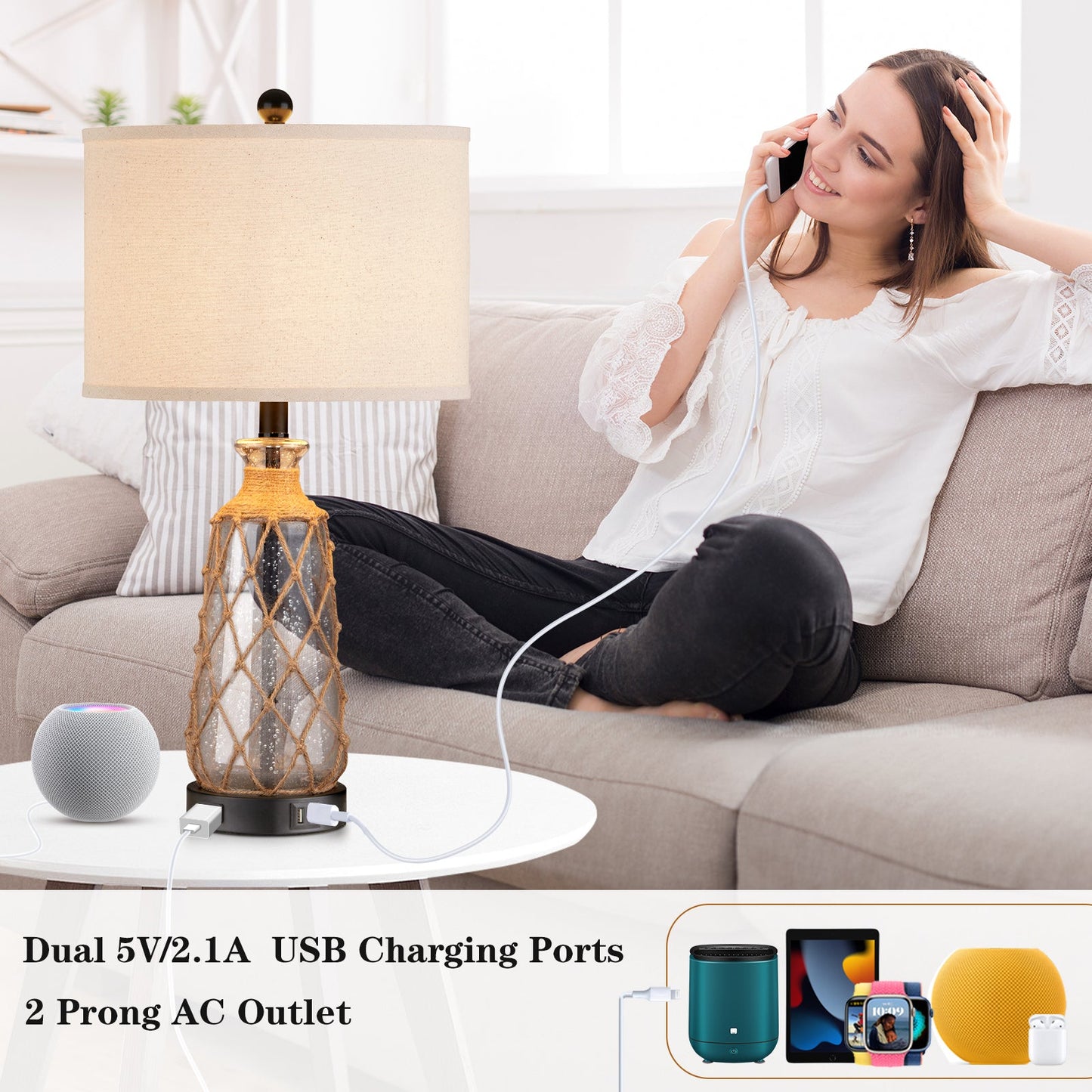 Brown glass rattan table lamp with touch dimmer, USB port and AC outlet (Set of 2)