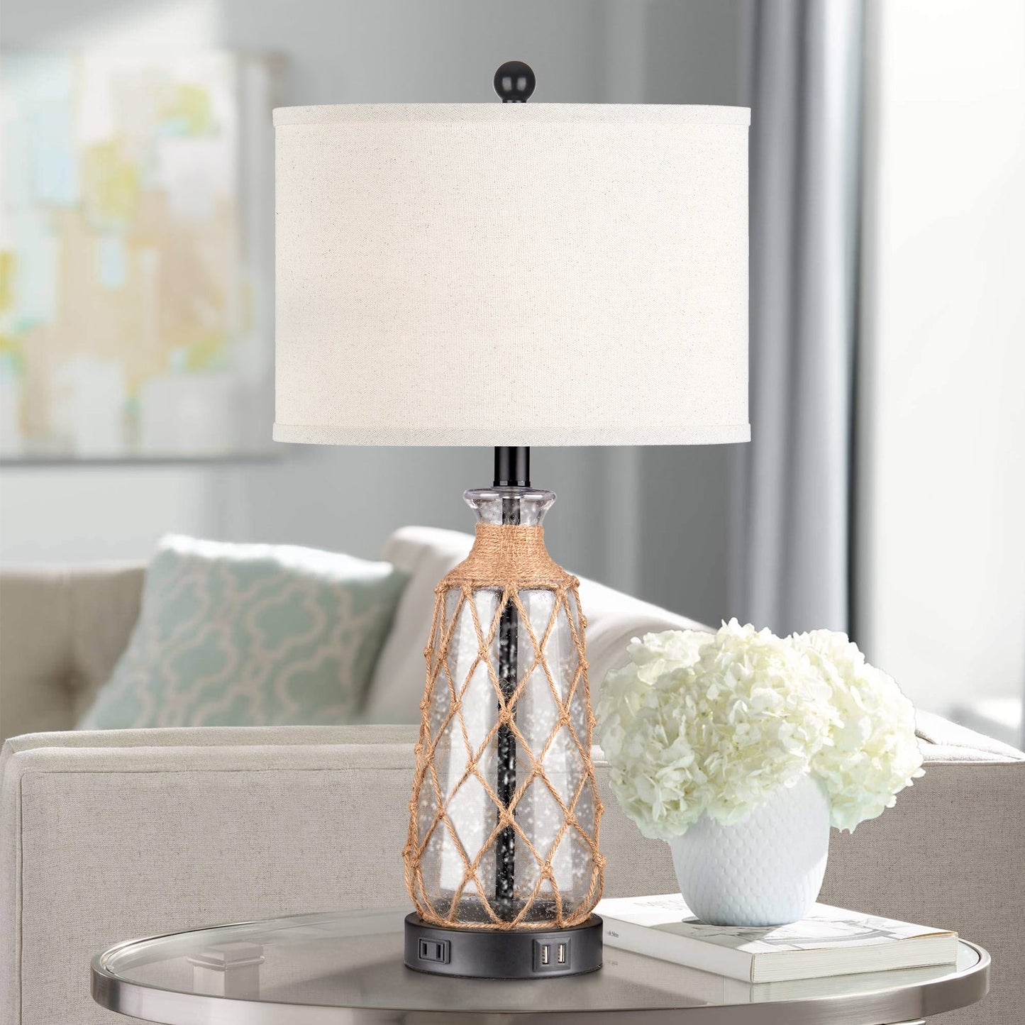 Brown glass rattan table lamp with touch dimmer, USB port and AC outlet (Set of 2)
