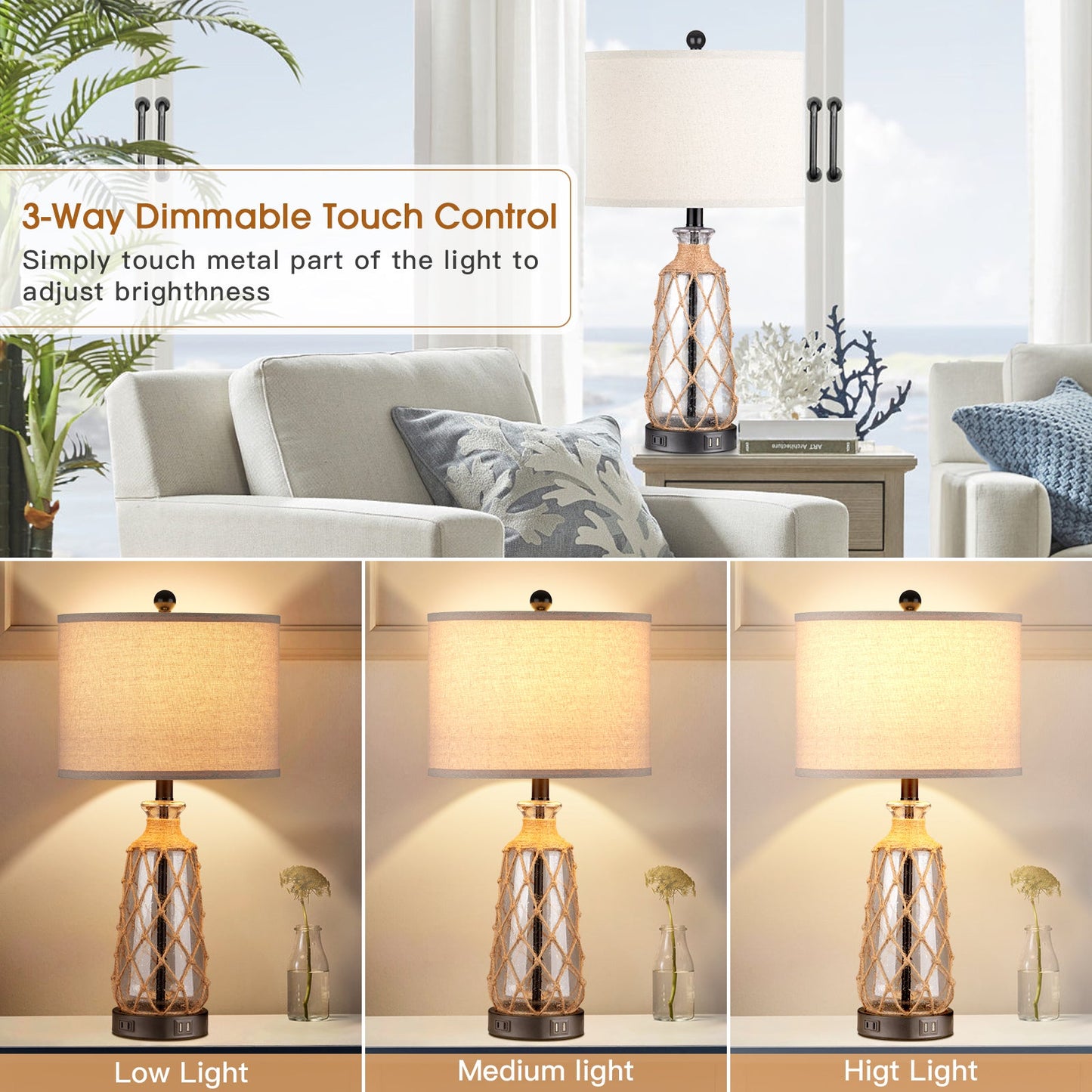 Brown glass rattan table lamp with touch dimmer, USB port and AC outlet (Set of 2)