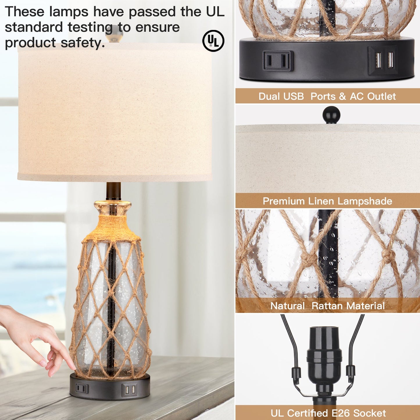 Brown glass rattan table lamp with touch dimmer, USB port and AC outlet (Set of 2)