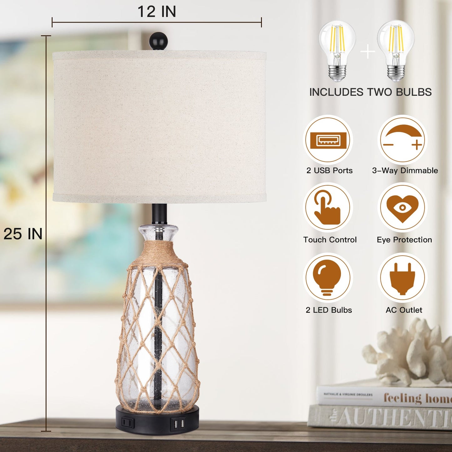 Brown glass rattan table lamp with touch dimmer, USB port and AC outlet (Set of 2)