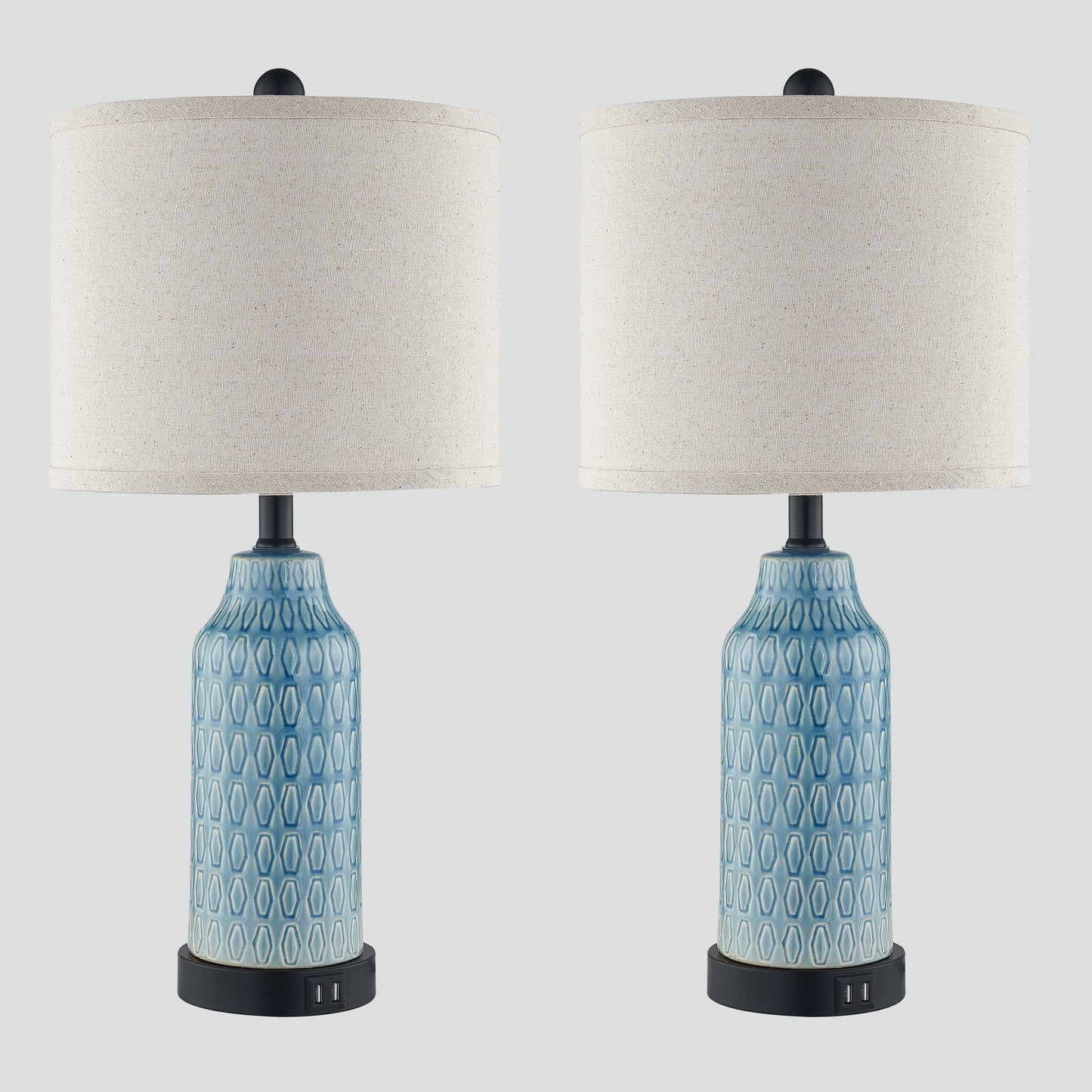 Cinkeda Table Lamp Ceramic Blue 3-Way Dimming USB Ports(Set of 2)