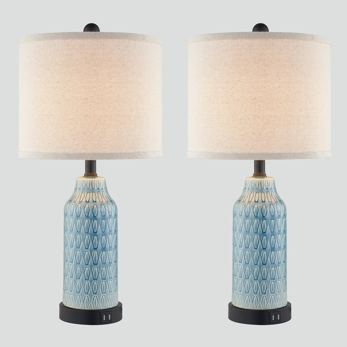 Cinkeda Table Lamp Ceramic Blue 3-Way Dimming USB Ports(Set of 2)