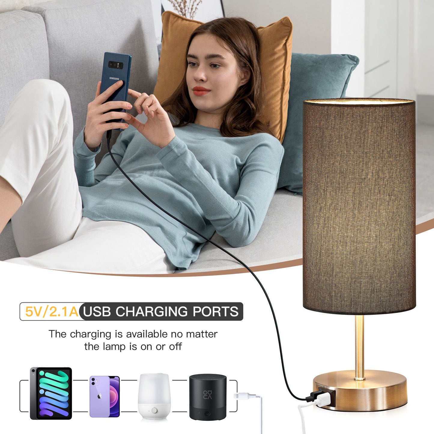 Touch-Sensitive Table Lamp Elegance, Convenience & Dual USB Charging Ports & Touch-sensitive Dimming Switch