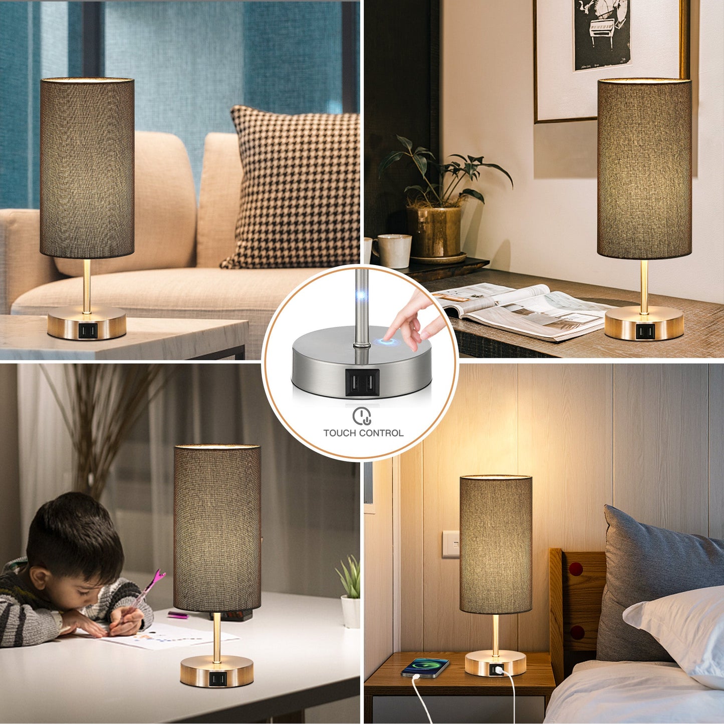 Touch-Sensitive Table Lamp Elegance, Convenience & Dual USB Charging Ports & Touch-sensitive Dimming Switch