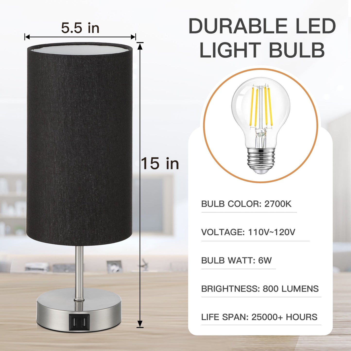 Touch-Sensitive Table Lamp Elegance, Convenience & Dual USB Charging Ports & Touch-sensitive Dimming Switch
