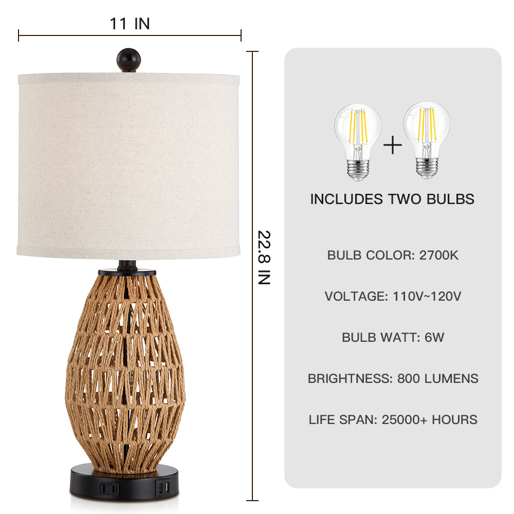 Cinkeda Table Lamp Brown Rattan USB Port Touch Dimmer(Set of 2)