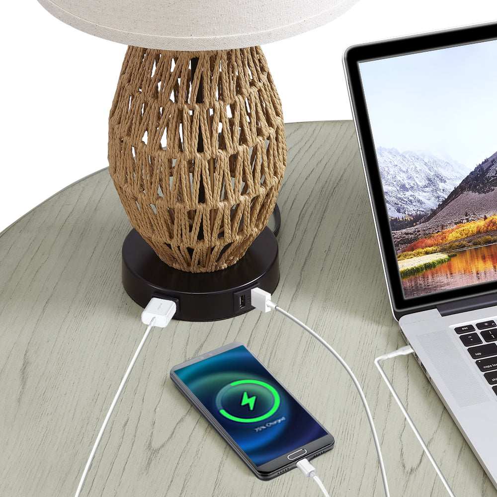 Cinkeda Table Lamp Brown Rattan USB Port Touch Dimmer(Set of 2)