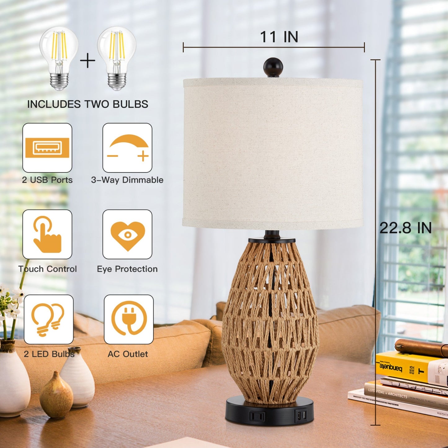 Cinkeda Table Lamp Brown Rattan USB Port Touch Dimmer(Set of 2)