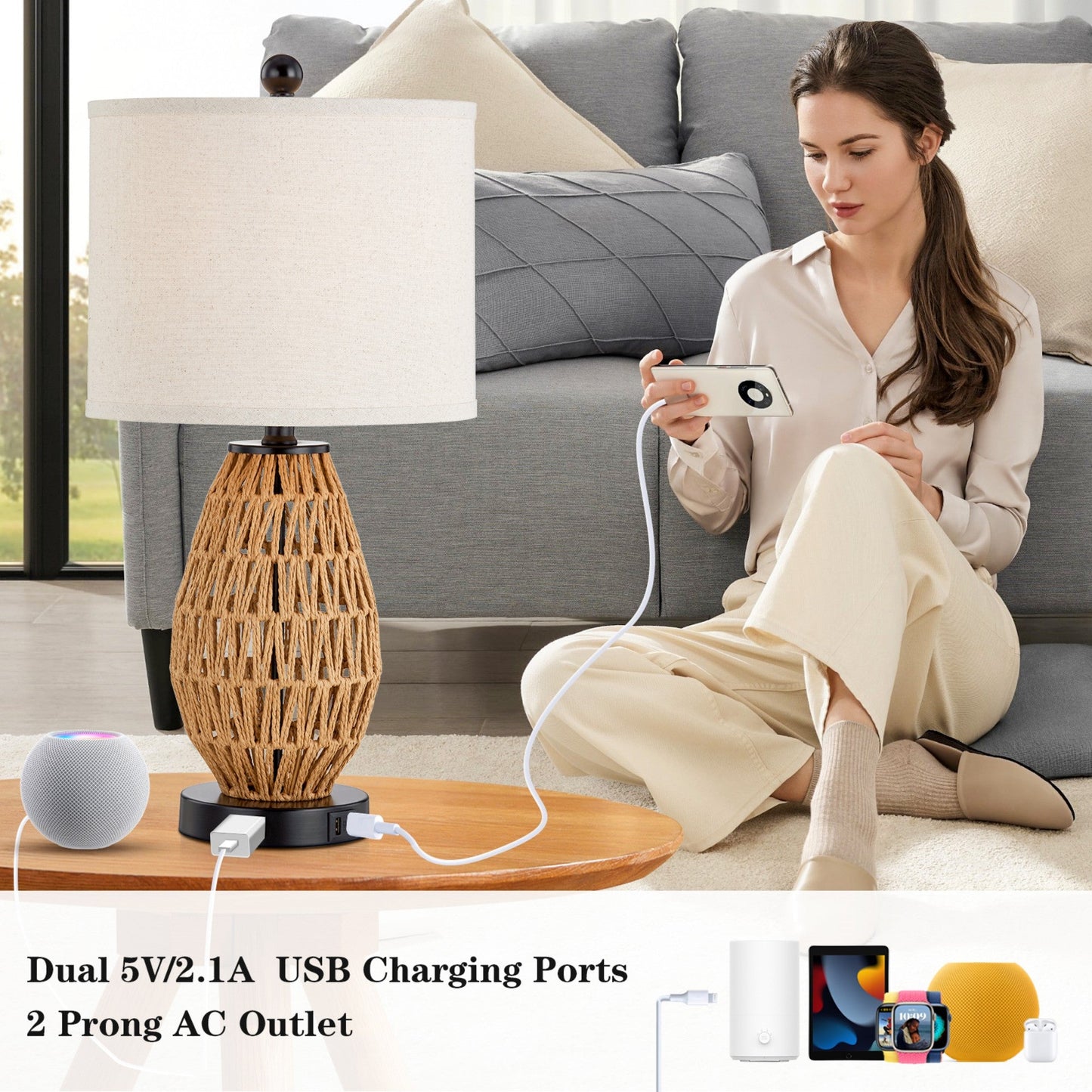 Cinkeda Table Lamp Brown Rattan USB Port Touch Dimmer(Set of 2)