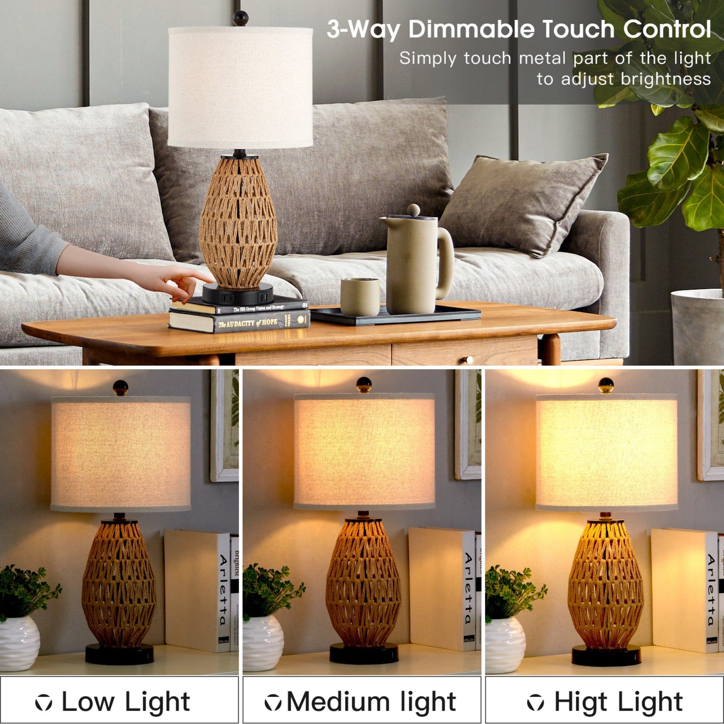 Cinkeda Table Lamp Brown Rattan USB Port Touch Dimmer(Set of 2)