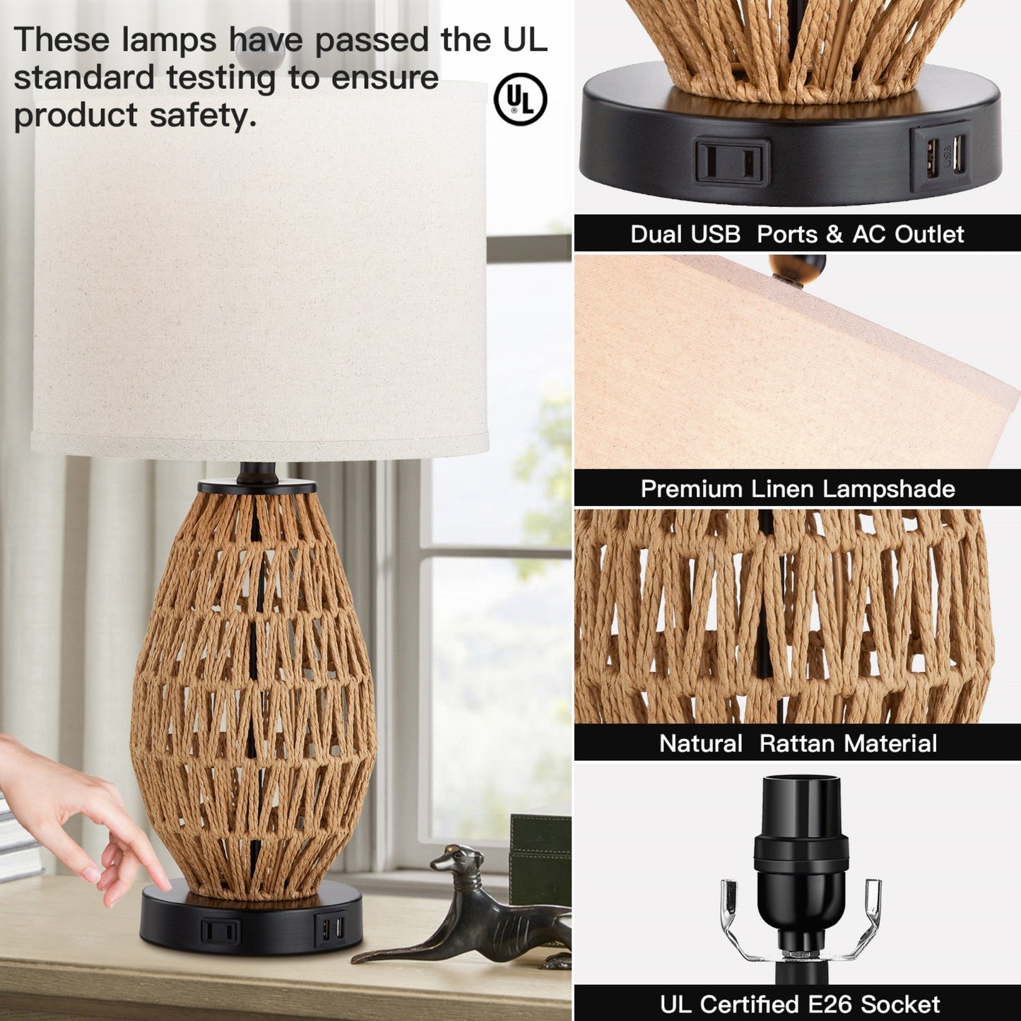 Cinkeda Table Lamp Brown Rattan USB Port Touch Dimmer(Set of 2)