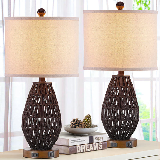 Cinkeda Table Lamp Black Rattan 3-Way Touch Dimmer USB Port(Set of 2)