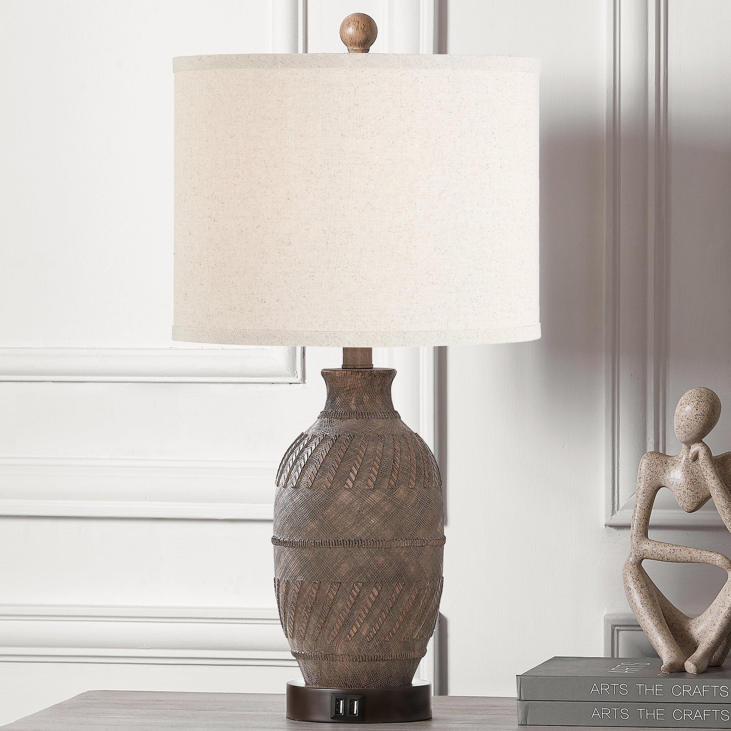 Cinkeda Table Lamp Grey Resin 3-Way Touch Dimming USB Ports