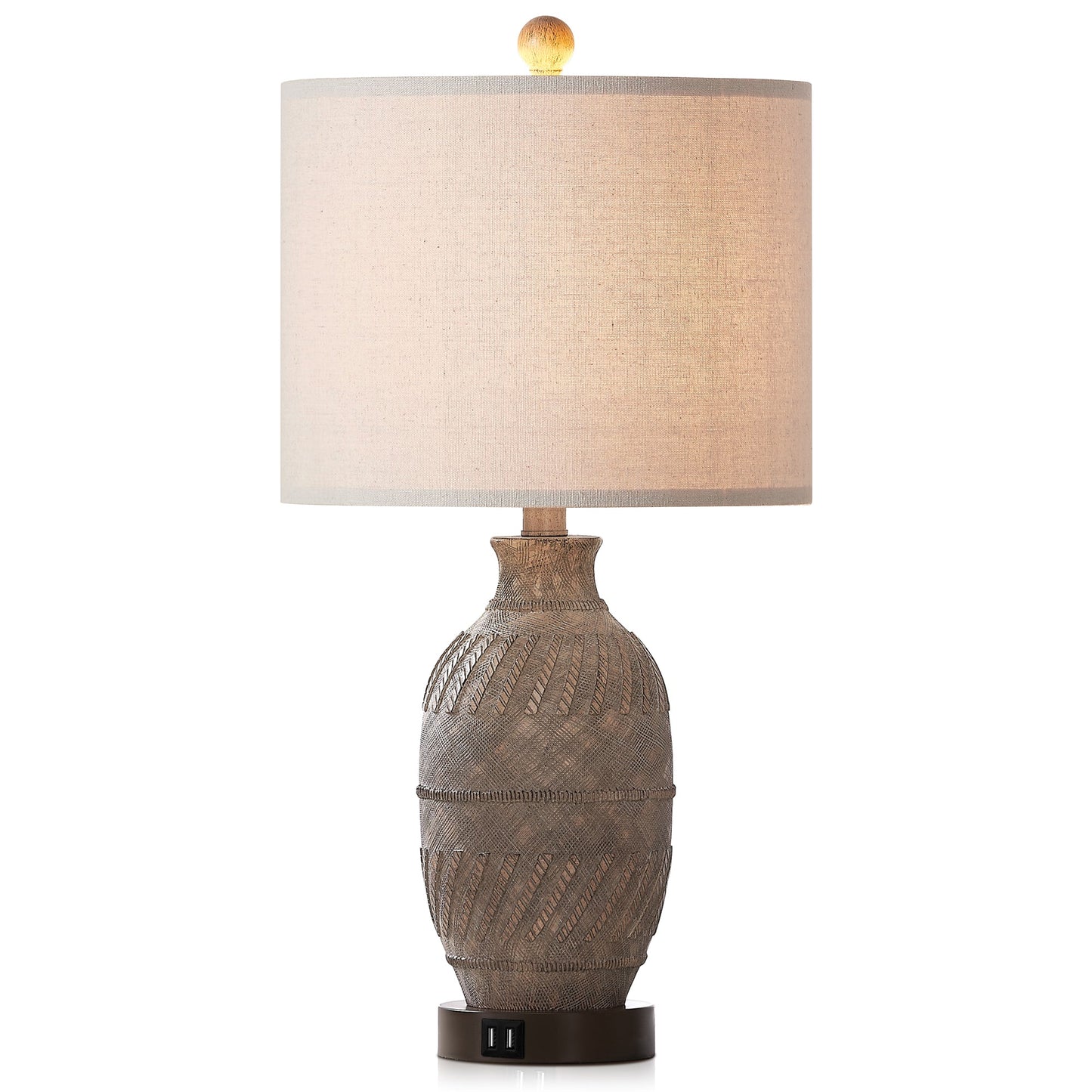 Cinkeda Table Lamp Grey Resin 3-Way Touch Dimming USB Ports