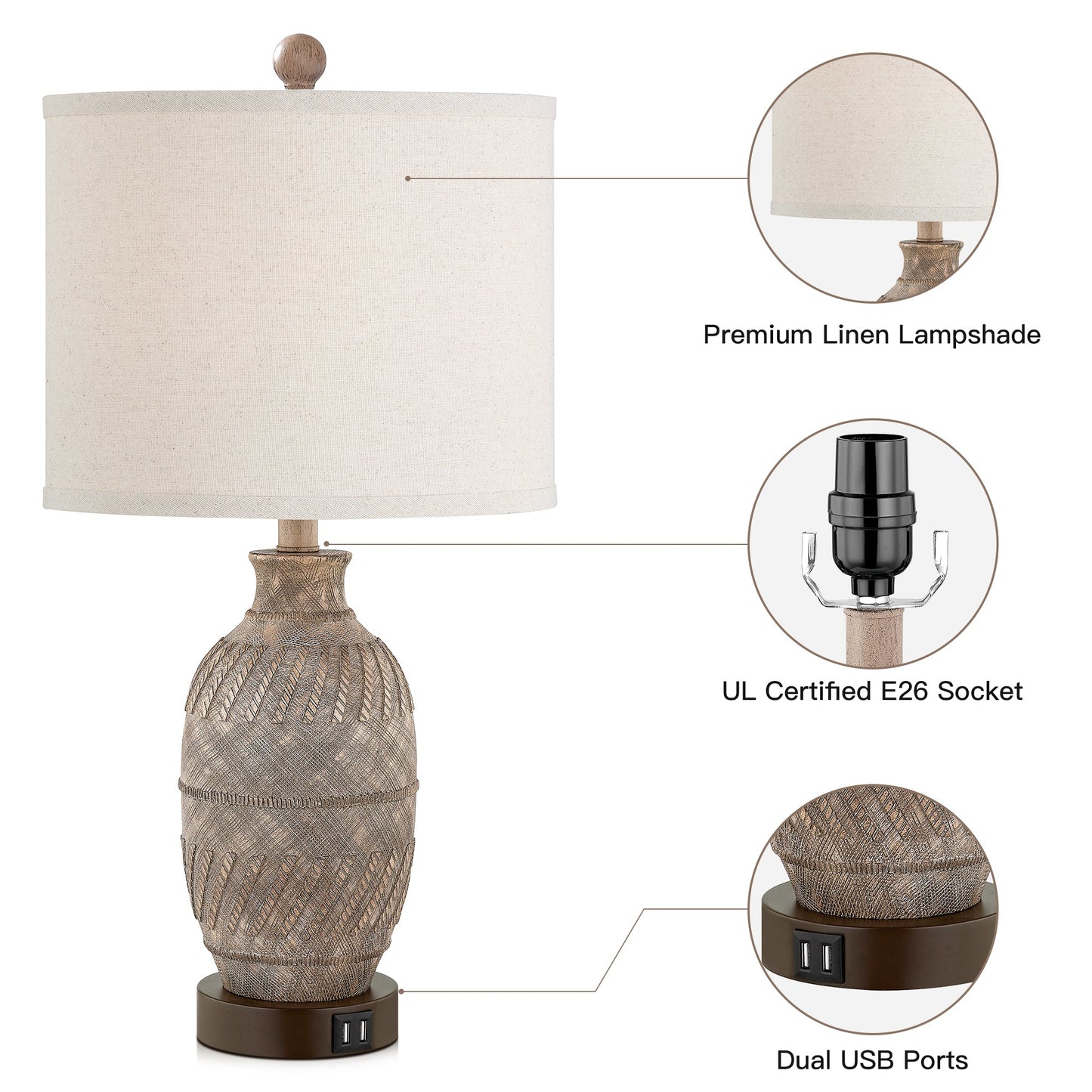 Cinkeda Table Lamp Grey Resin 3-Way Touch Dimming USB Ports