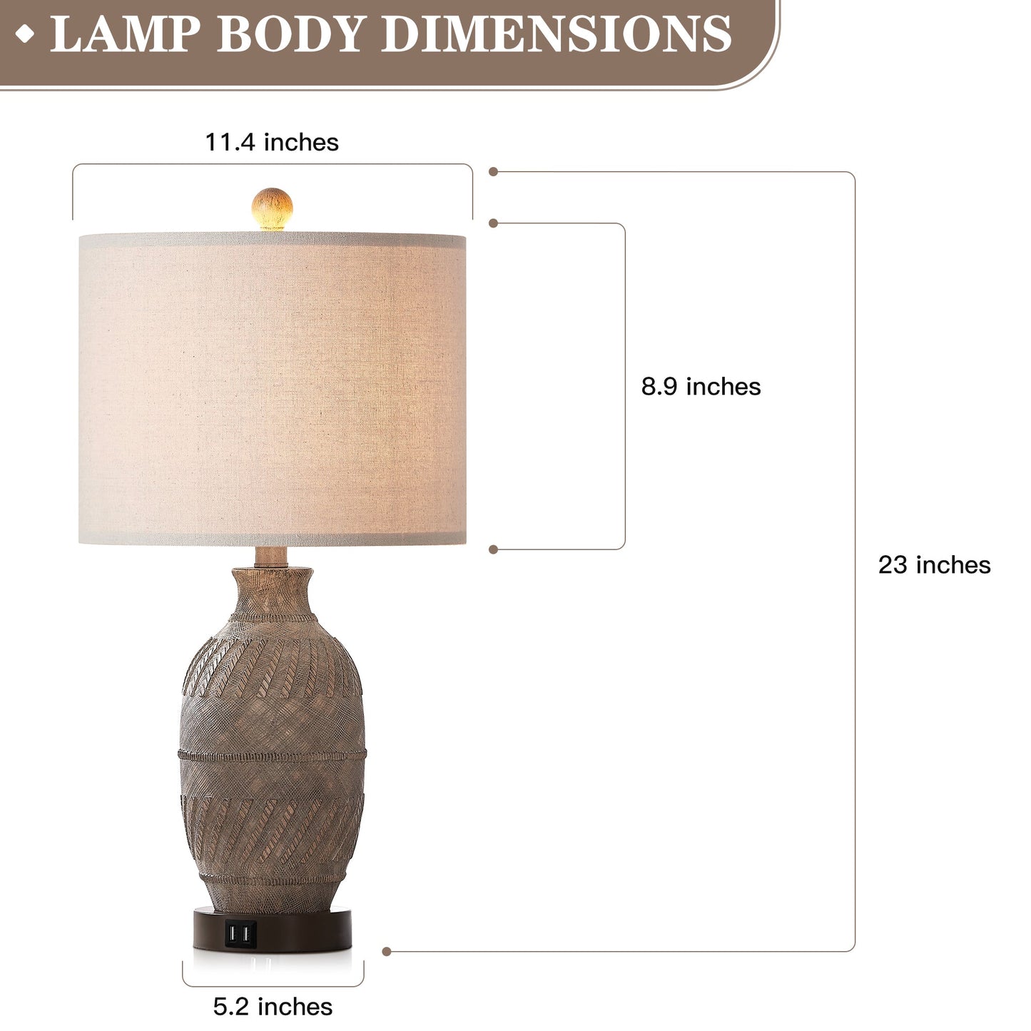 Cinkeda Table Lamp Grey Resin 3-Way Touch Dimming USB Ports