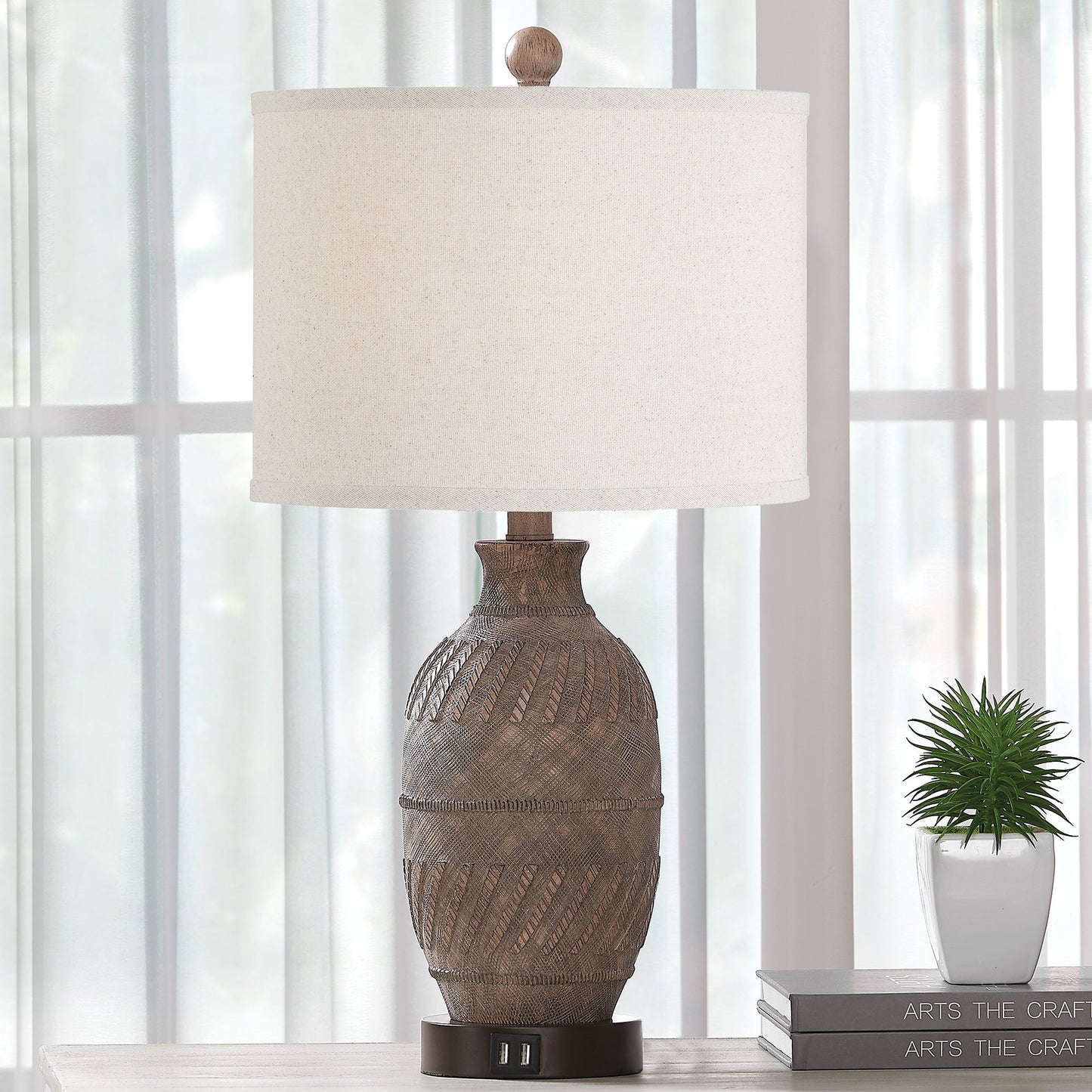 Cinkeda Table Lamp Grey Resin 3-Way Touch Dimming USB Ports