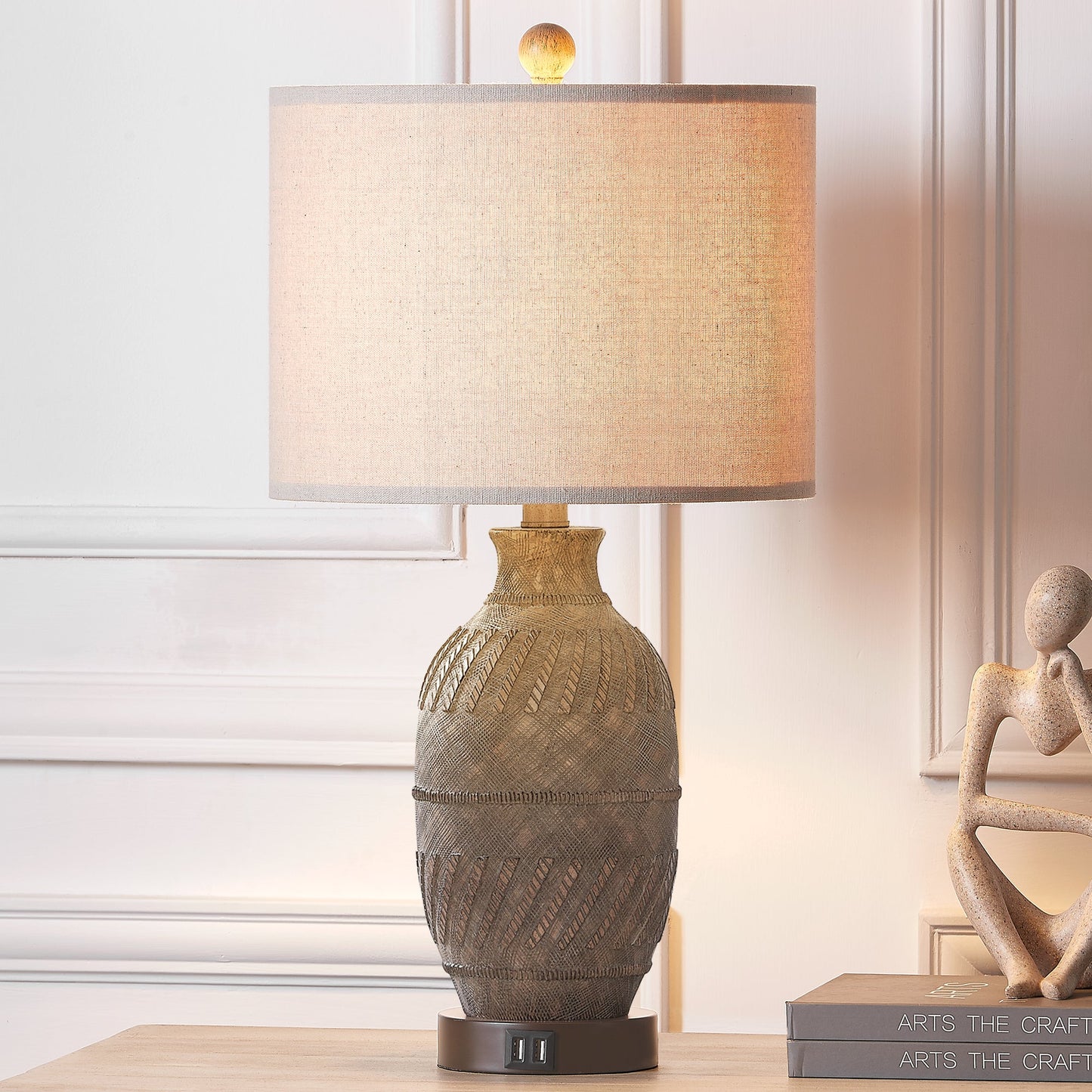 Cinkeda Table Lamp Grey Resin 3-Way Touch Dimming USB Ports