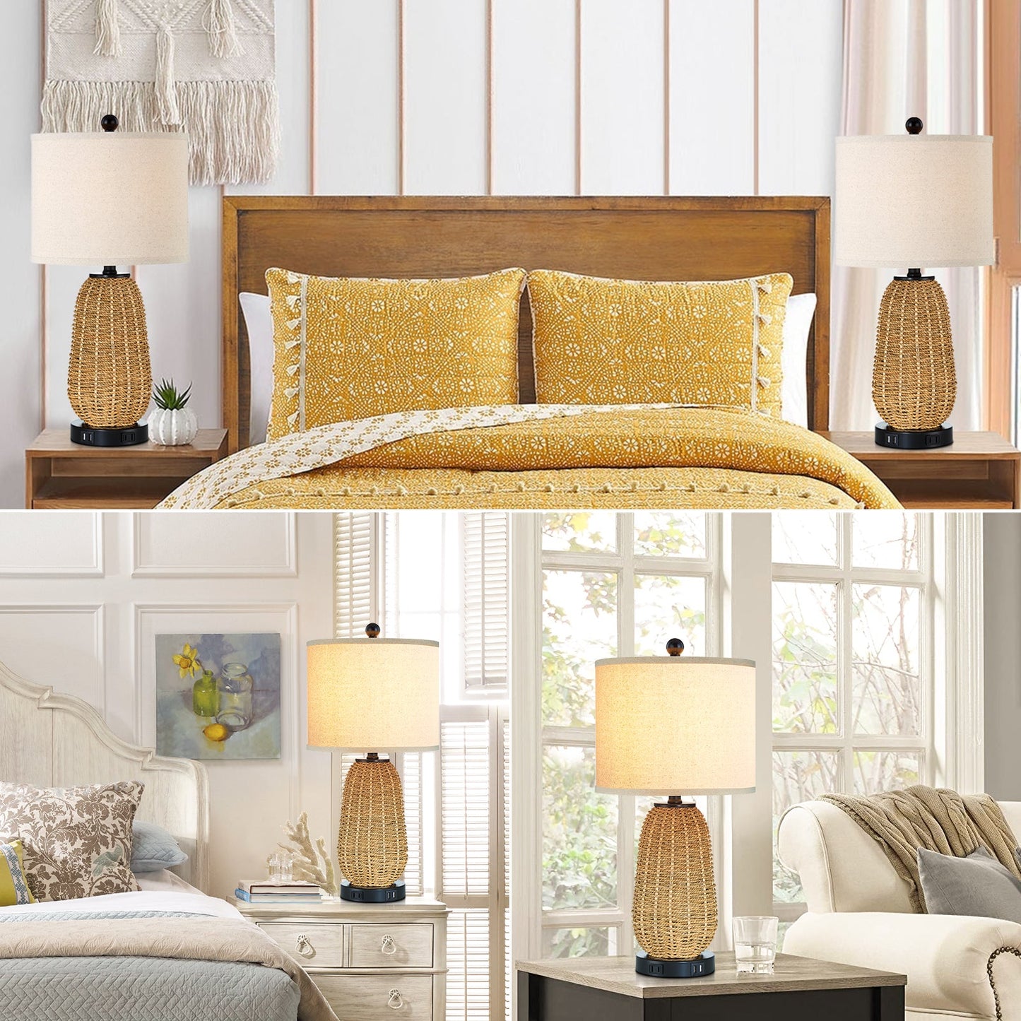 Cinkeda Table Lamp Brown Natural Straw Touch 3-Way Dimming(Set of 2)