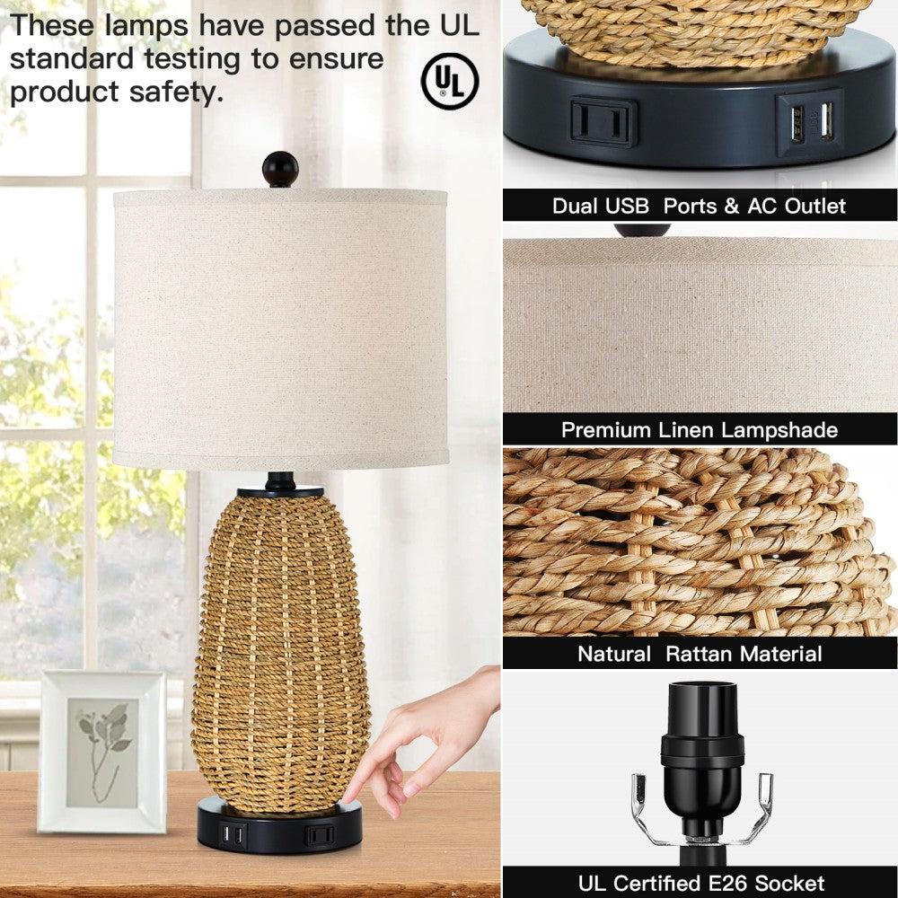 Cinkeda Table Lamp Brown Natural Straw Touch 3-Way Dimming(Set of 2)