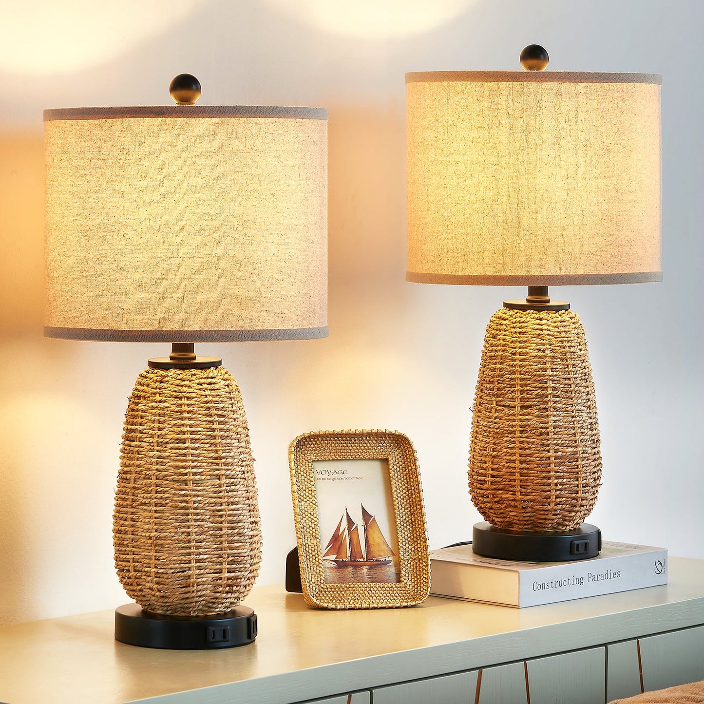 Cinkeda Table Lamp Brown Natural Straw Touch 3-Way Dimming(Set of 2)