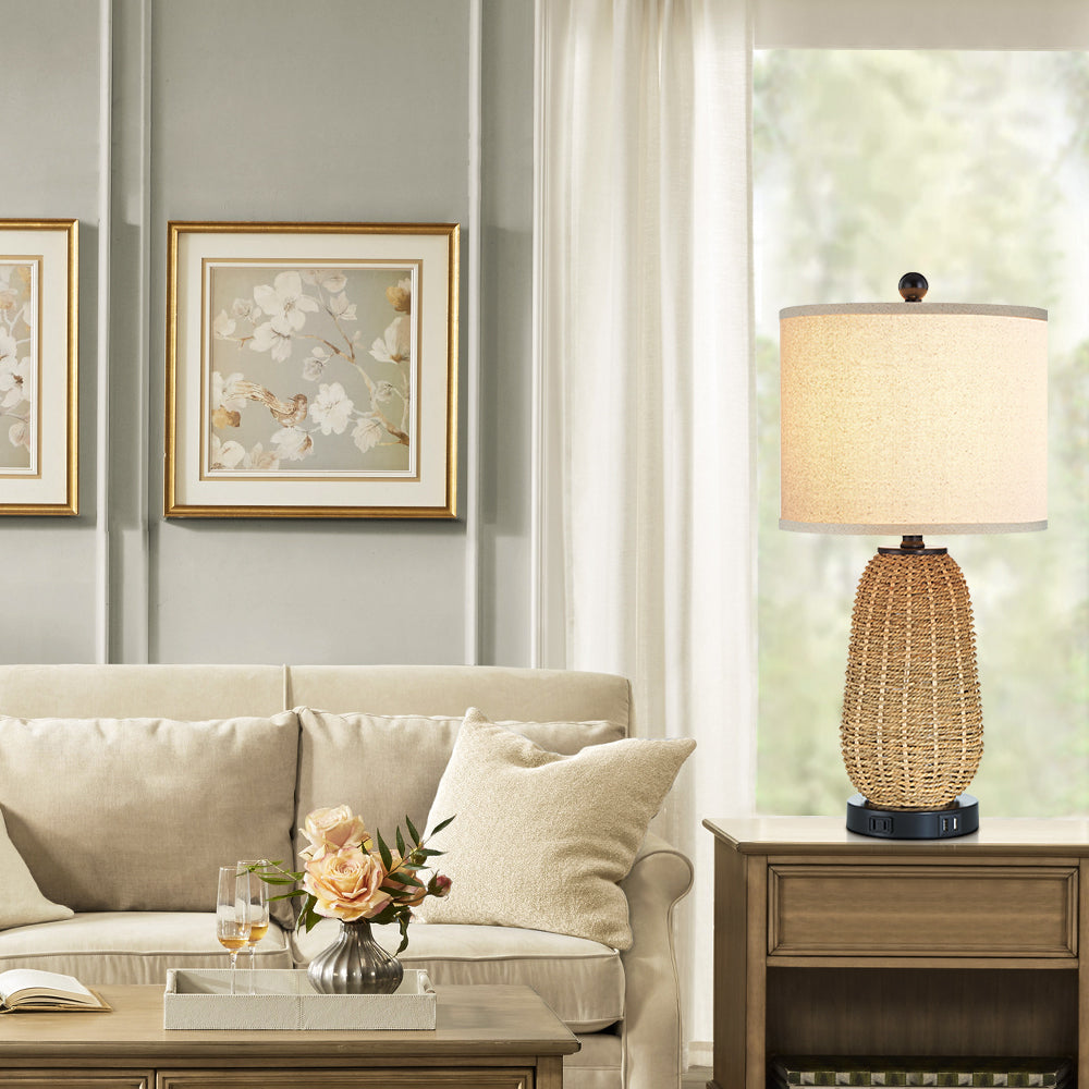 Cinkeda Table Lamp Brown Natural Straw Touch 3-Way Dimming(Set of 2)