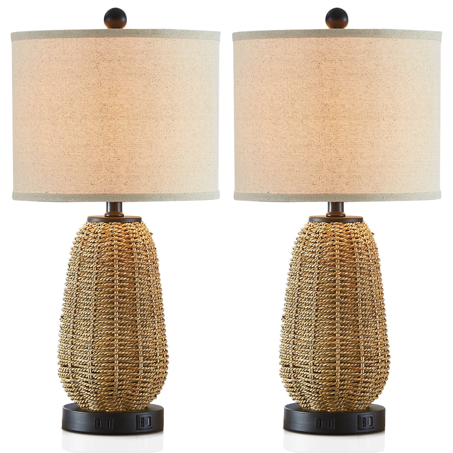 Cinkeda Table Lamp Brown Natural Straw Touch 3-Way Dimming(Set of 2)