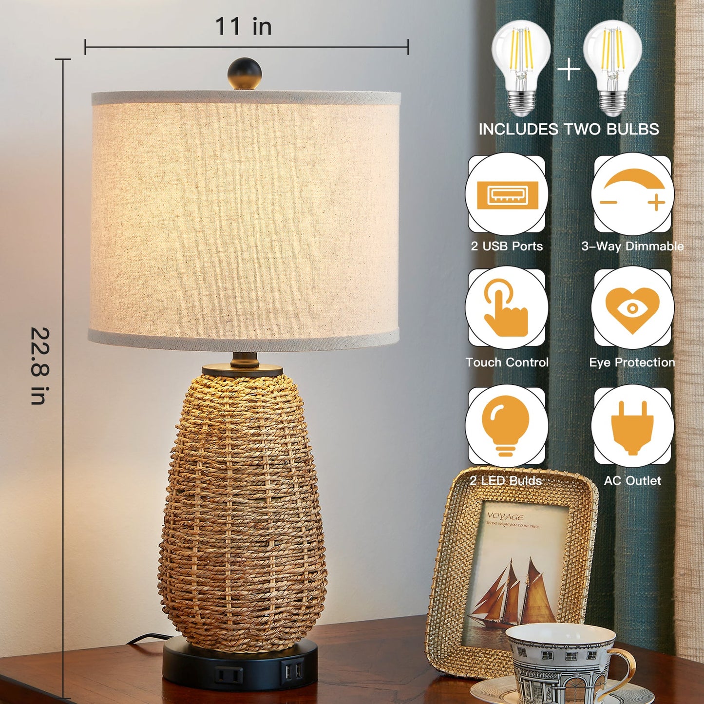 Cinkeda Table Lamp Brown Natural Straw Touch 3-Way Dimming(Set of 2)