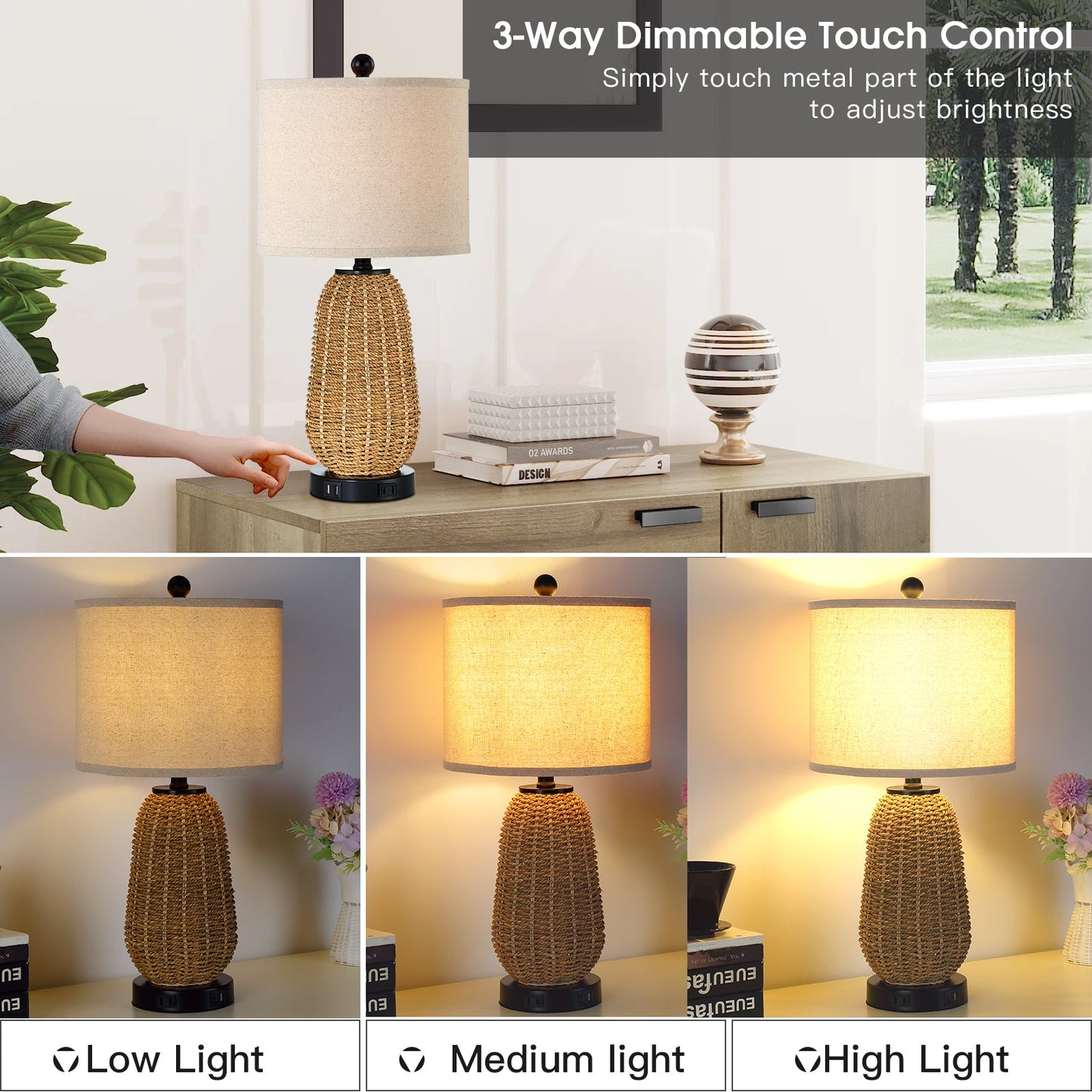 Cinkeda Table Lamp Brown Natural Straw Touch 3-Way Dimming(Set of 2)