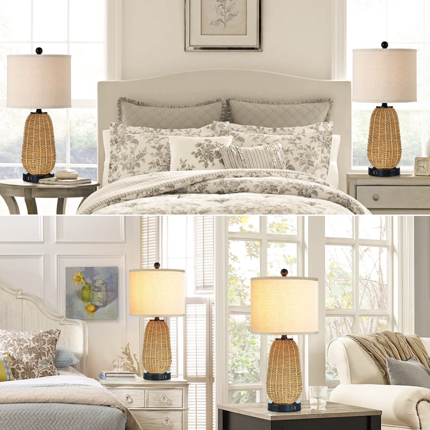 Cinkeda Table Lamp Brown Natural Straw Touch 3-Way Dimming(Set of 2)