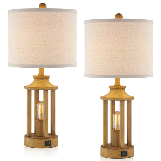 2 in 1 Table Lamp and Nightlight, Brown Metal with Wood Grain, Equipped with USB Port (Set of 2)