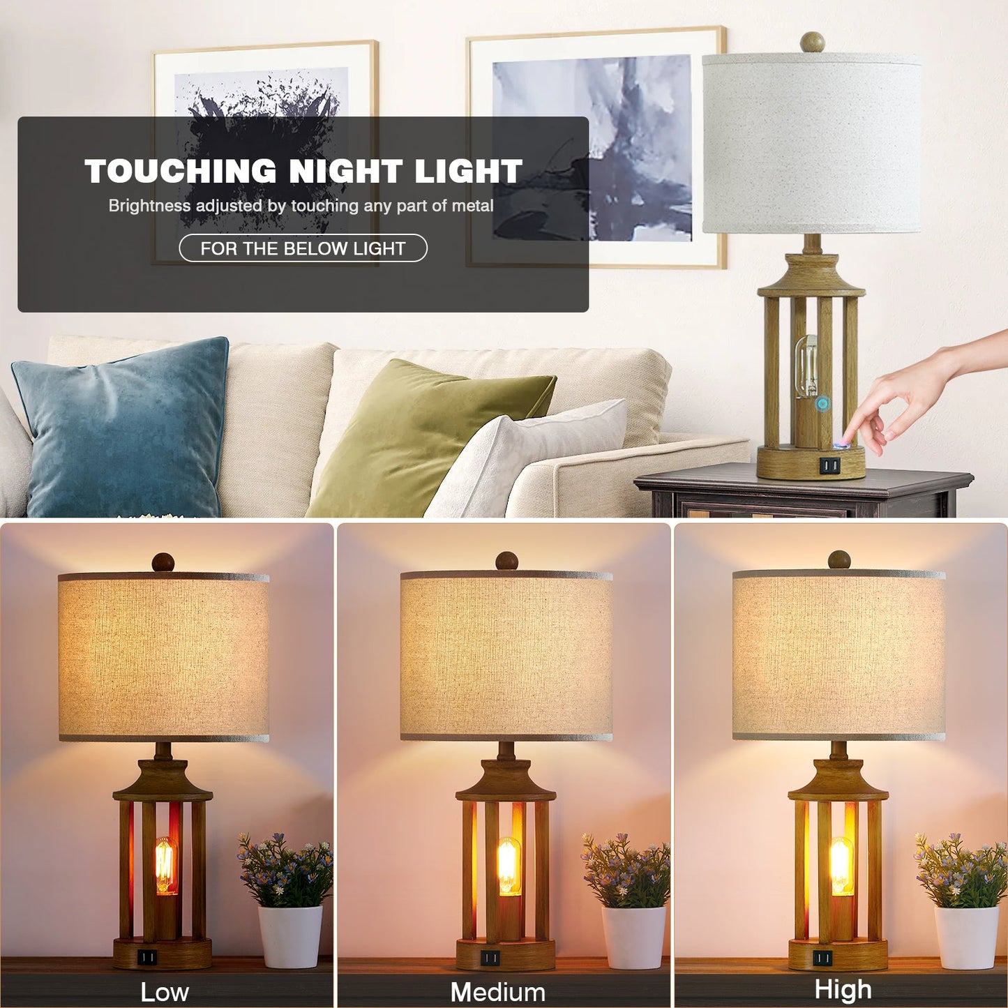 2 in 1 Table Lamp and Nightlight, Brown Metal with Wood Grain, Equipped with USB Port (Set of 2)