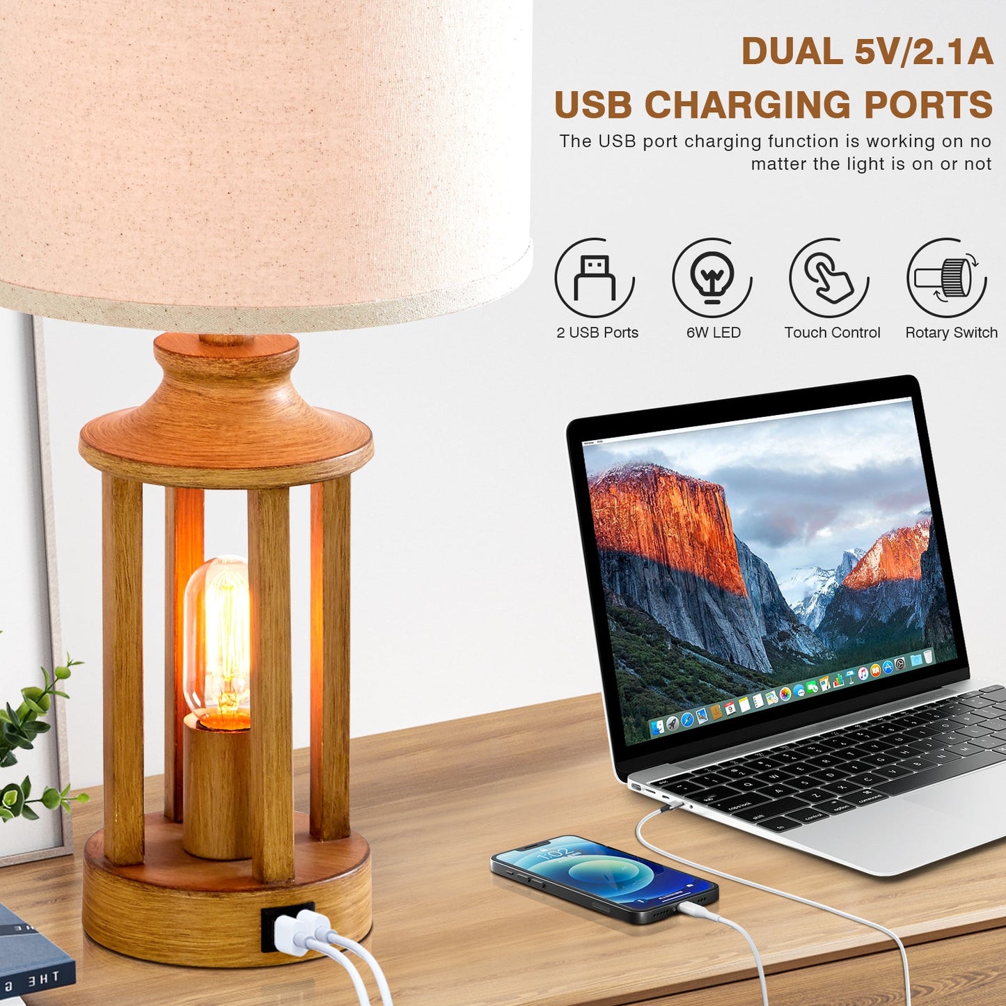 2 in 1 Table Lamp and Nightlight, Brown Metal with Wood Grain, Equipped with USB Port (Set of 2)