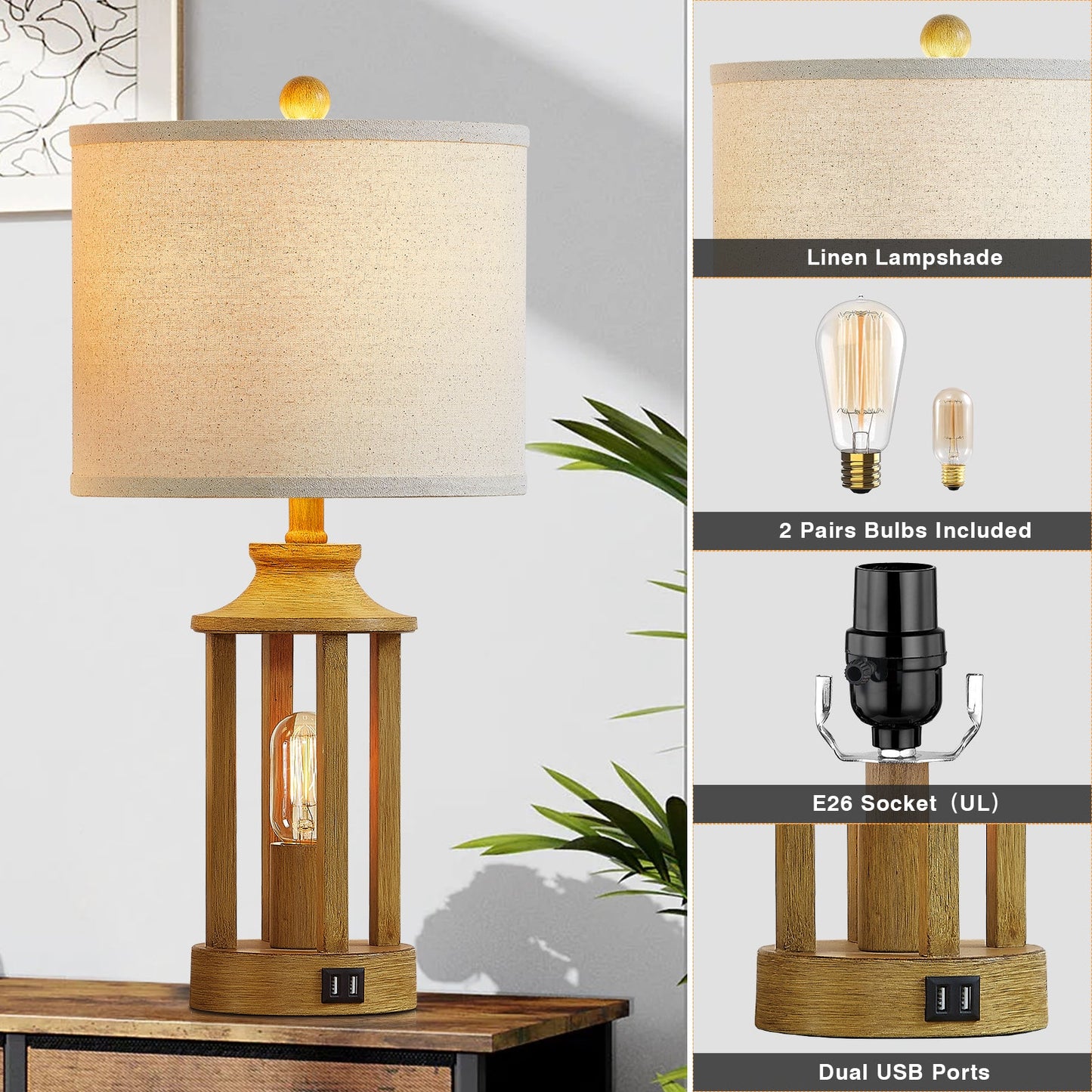 2 in 1 Table Lamp and Nightlight, Brown Metal with Wood Grain, Equipped with USB Port (Set of 2)