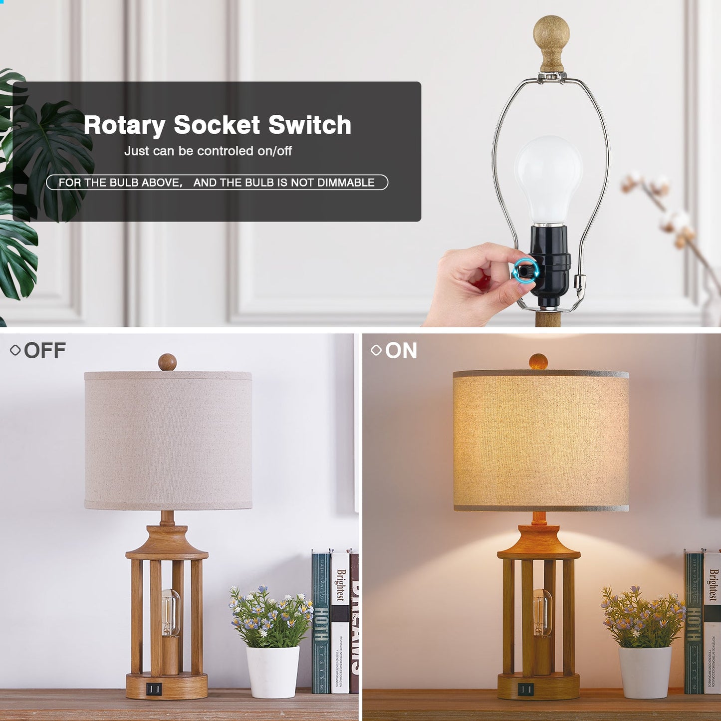 2 in 1 Table Lamp and Nightlight, Brown Metal with Wood Grain, Equipped with USB Port (Set of 2)