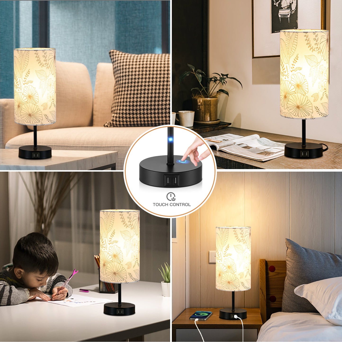 Table Lamp with Touch Dimmer Dual USB Ports Floral Lampshade
