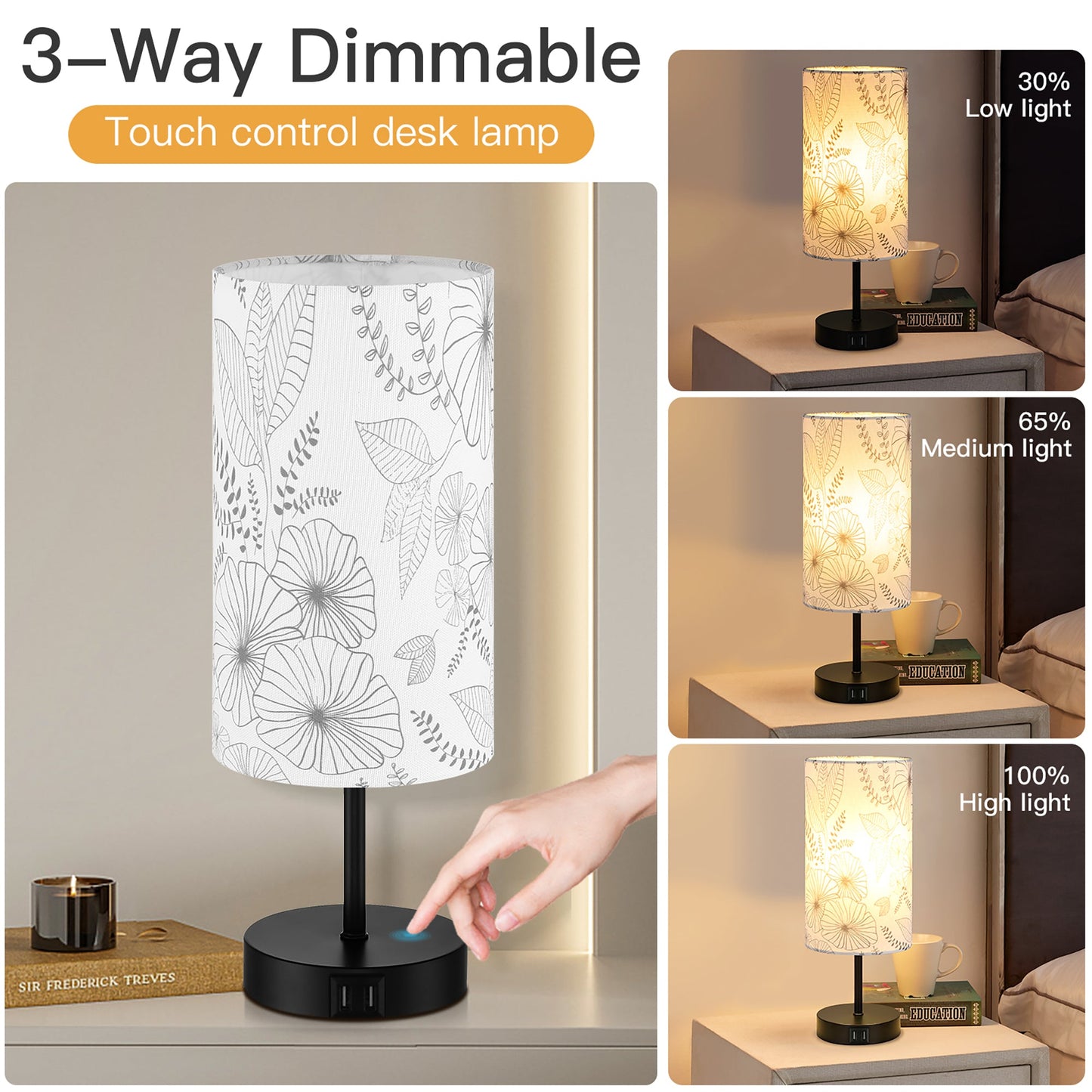 Table Lamp with Touch Dimmer Dual USB Ports Floral Lampshade