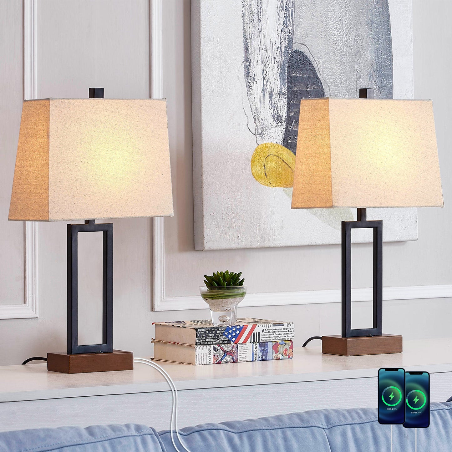 Table Lamp Black Metal Rocker Switch USB Port AC Outlet (Set of 2)