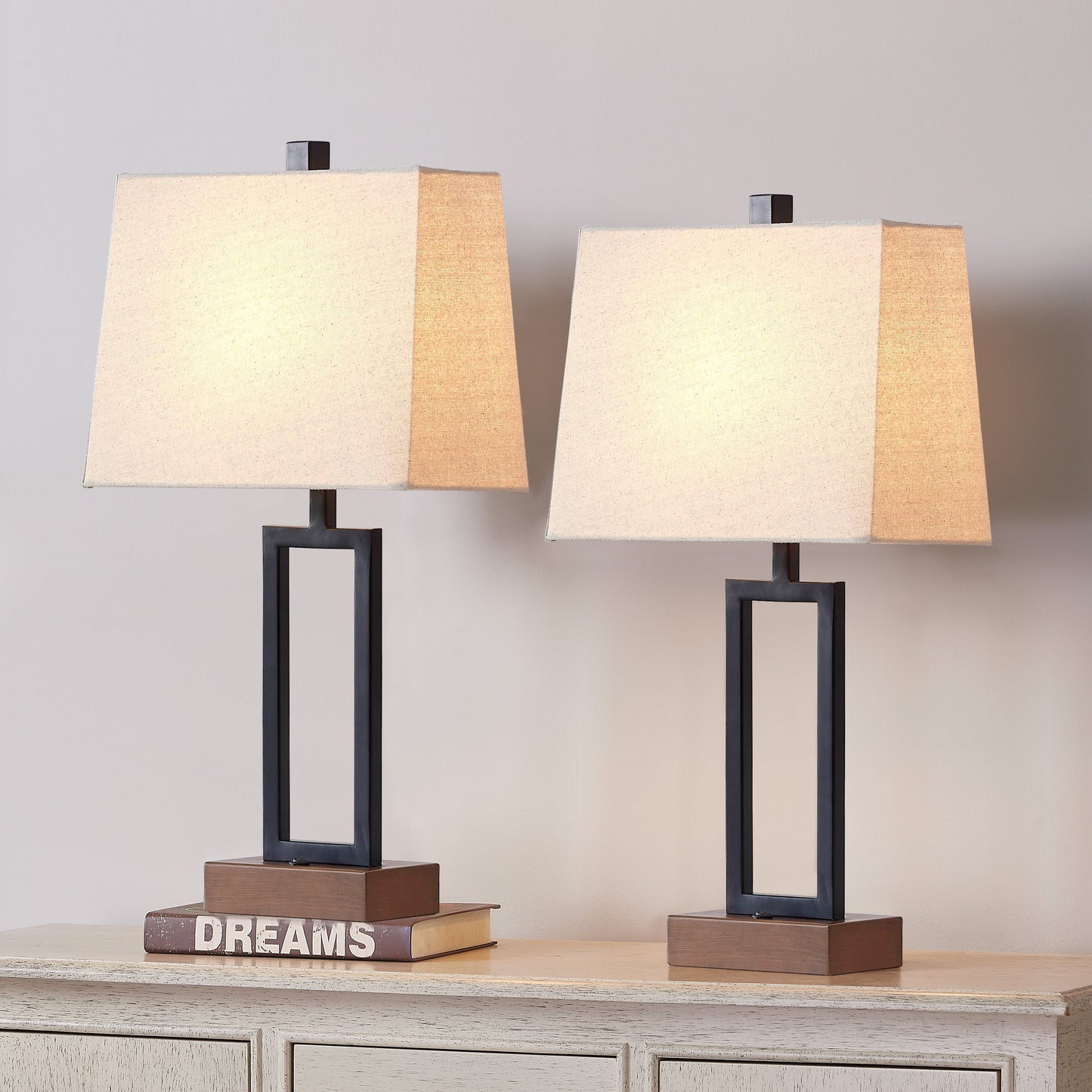 Table Lamp Black Metal Rocker Switch USB Port AC Outlet (Set of 2)