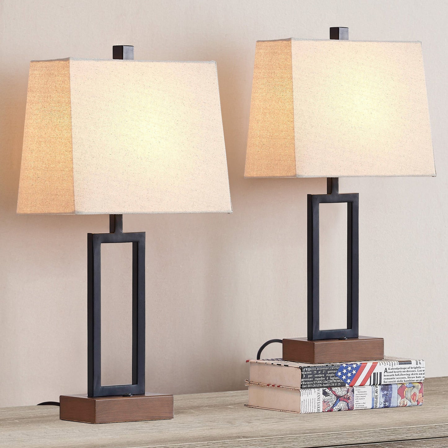 Table Lamp Black Metal Rocker Switch USB Port AC Outlet (Set of 2)