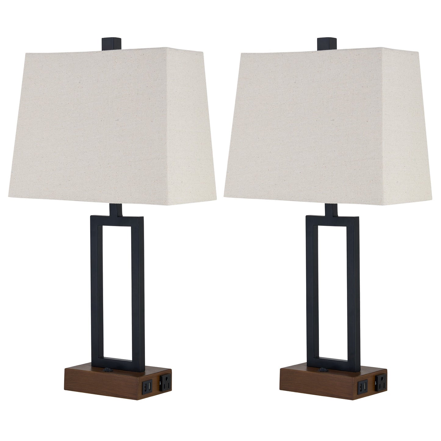 Table Lamp Black Metal Rocker Switch USB Port AC Outlet (Set of 2)