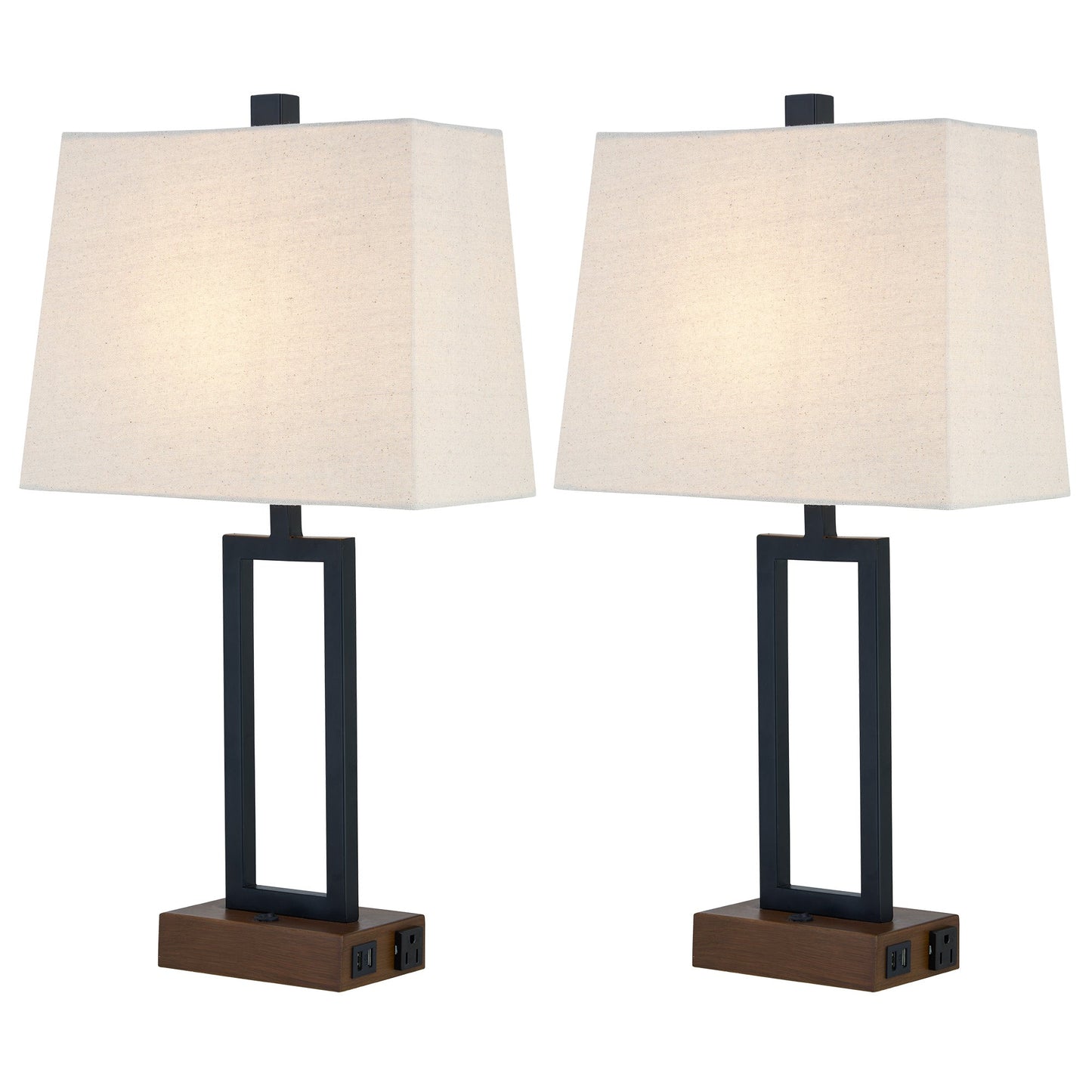 Table Lamp Black Metal Rocker Switch USB Port AC Outlet (Set of 2)