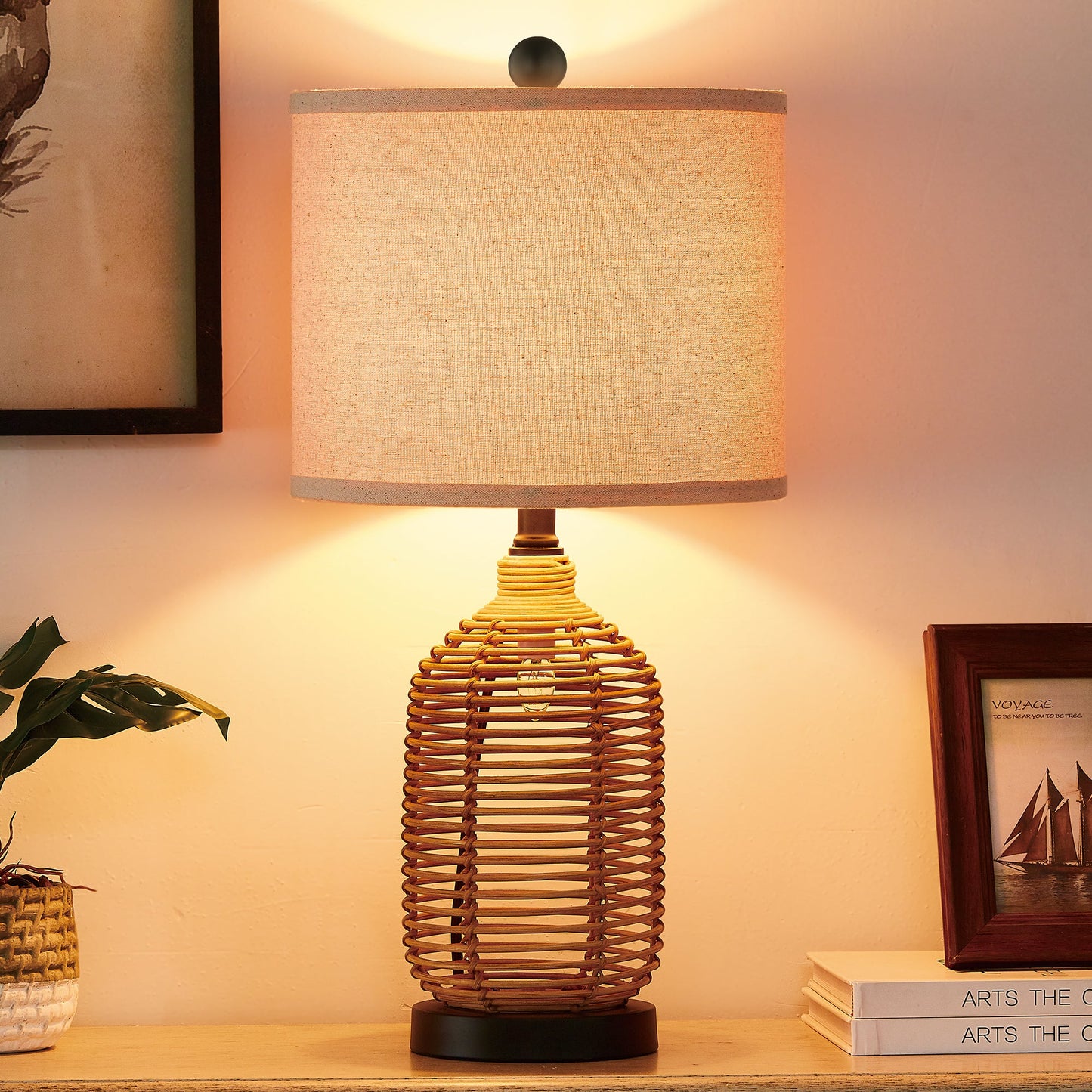 Cinkeda Table Lamp Nightlight 2in1 Brown Rattan 4-Way Switch(Set of 2)