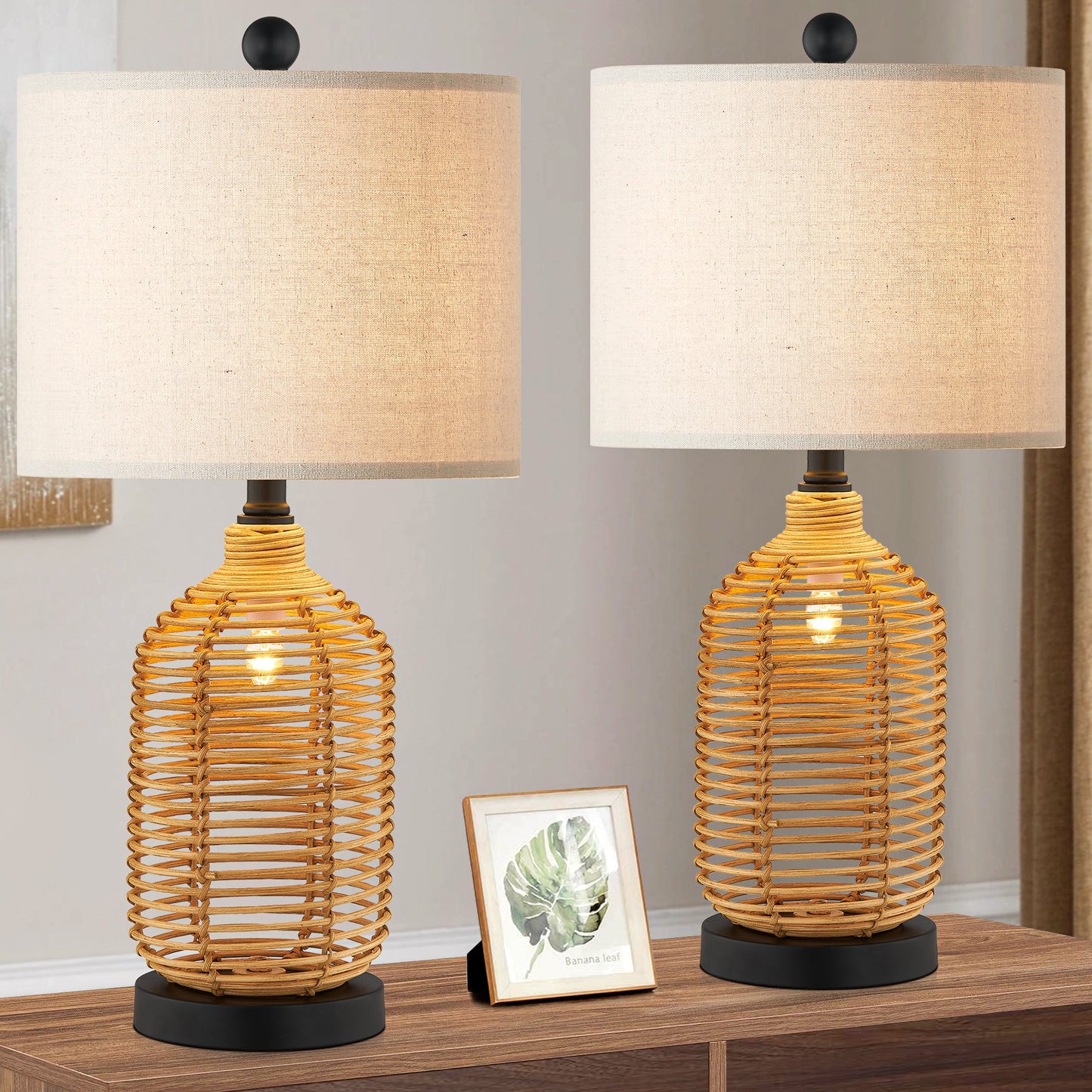 Cinkeda Table Lamp Nightlight 2in1 Brown Rattan 4-Way Switch(Set of 2)