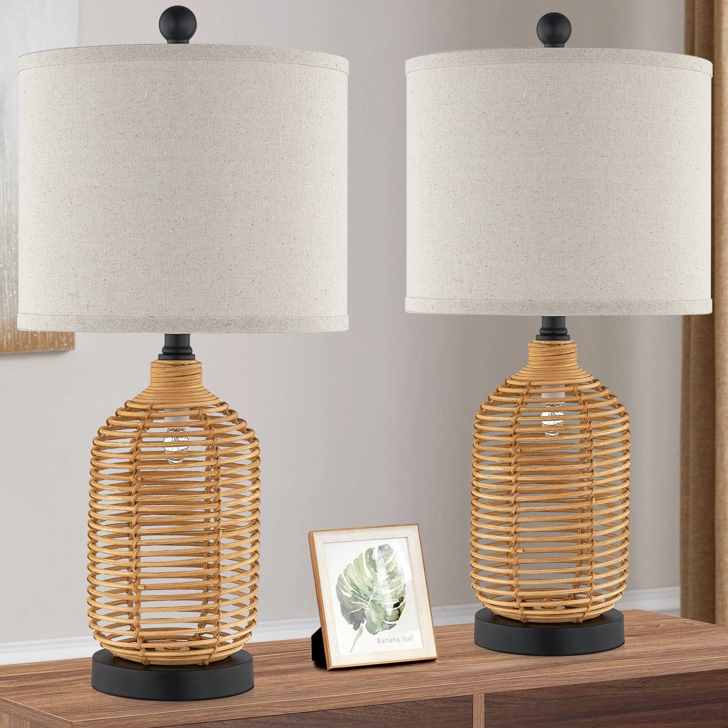 Cinkeda Table Lamp Nightlight 2in1 Brown Rattan 4-Way Switch(Set of 2)
