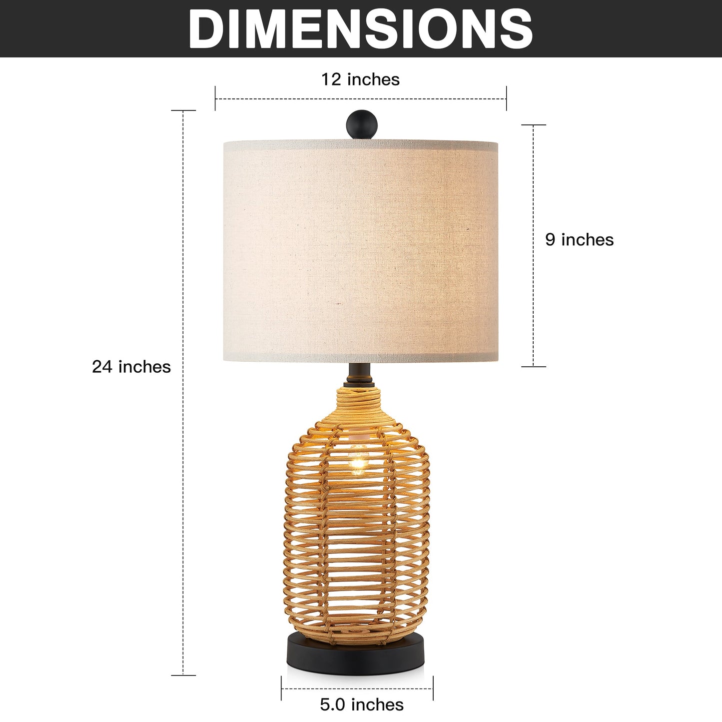 Cinkeda Table Lamp Nightlight 2in1 Brown Rattan 4-Way Switch(Set of 2)